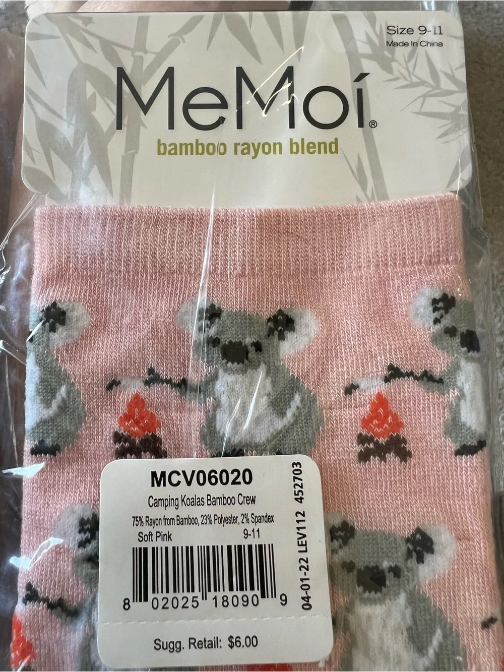 MeMoi Women's Pink Koala Print Bamboo Blend Crew Socks